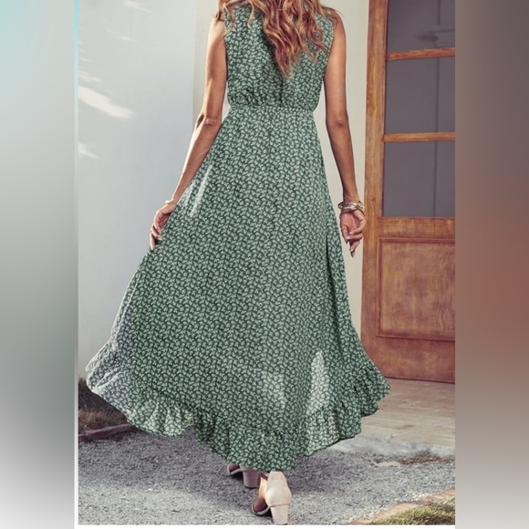 Chic Green Floral High Low Dress sz large - Picture 3 of 8